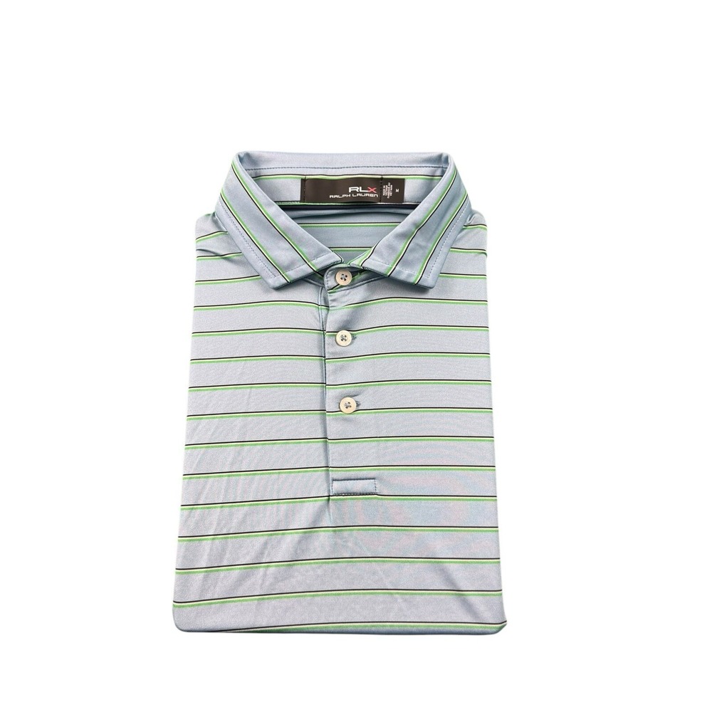 RLX Ralph Lauren Blue Green Striped Performance Mens Polo Size M Mint